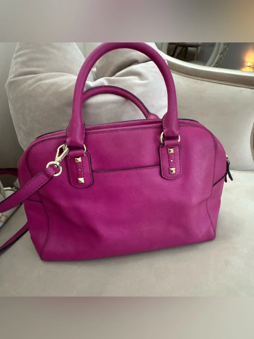 Michael Kors Selma Studded Hot Pink Leather Medium Satchel Crossbody Bag